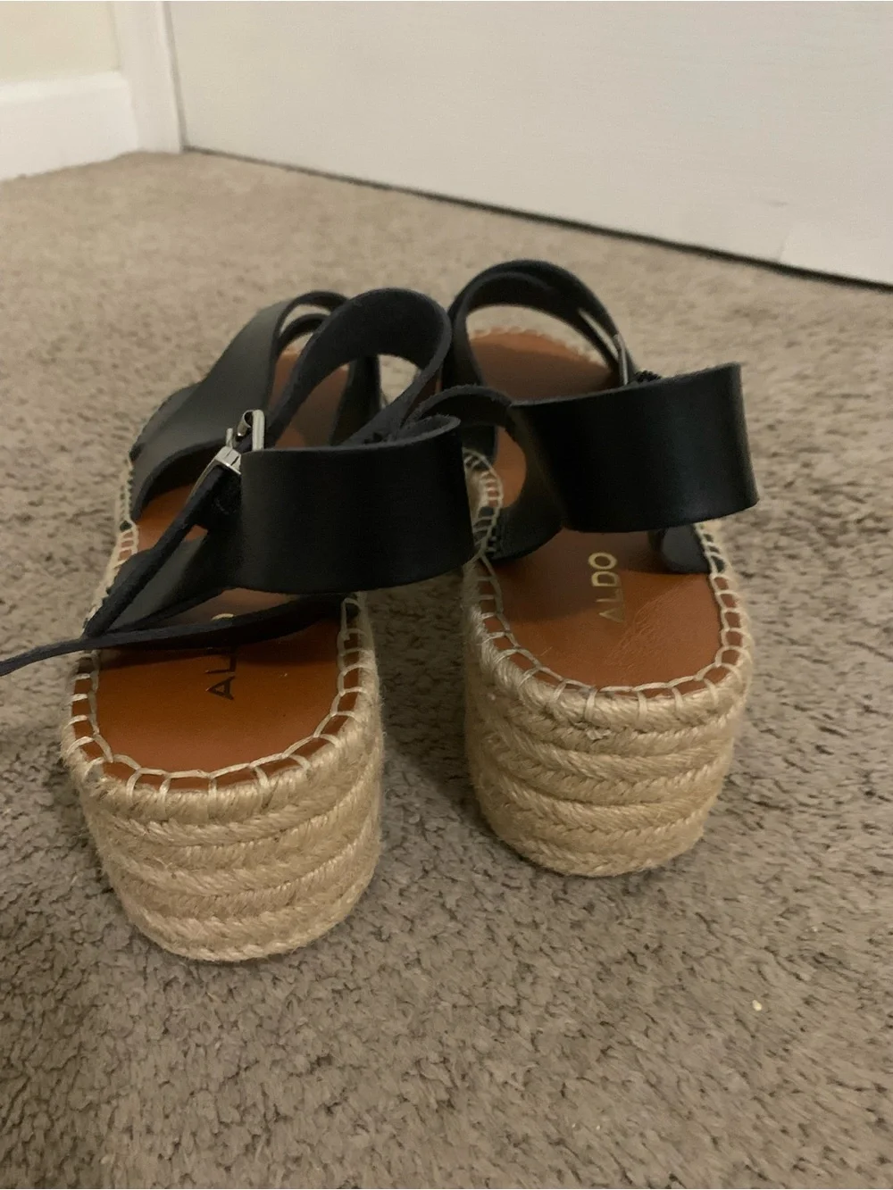 Aldo Black Leather Espadrille Wedge Sandals with Ankle Strap